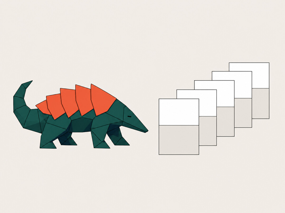 Flat polygon pangolin beside an ordered sequence of submission cards